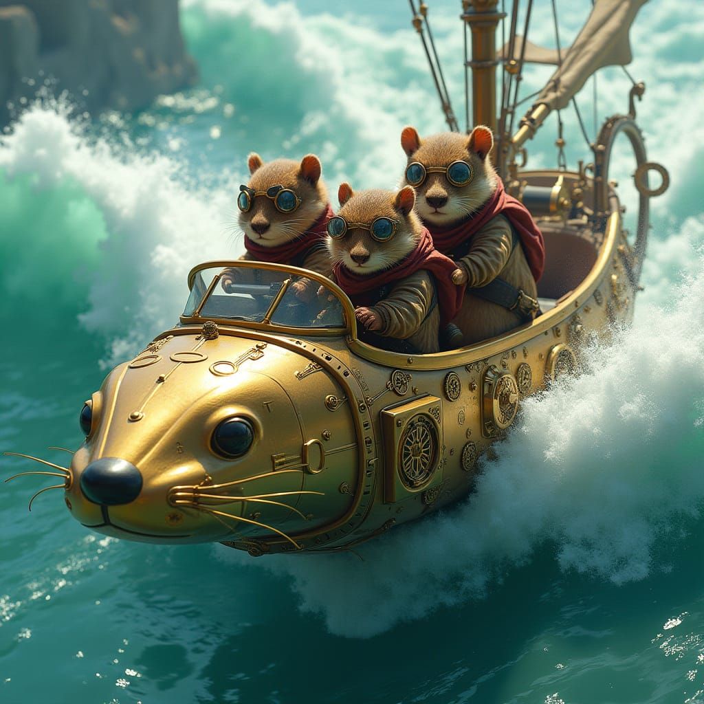 Steampunk Otter Schooner Soars Through Clockwork Waves