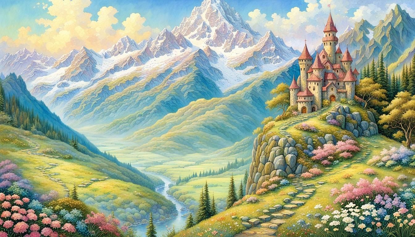 Castle Nestled in Majestic Spring Mountain Landscape