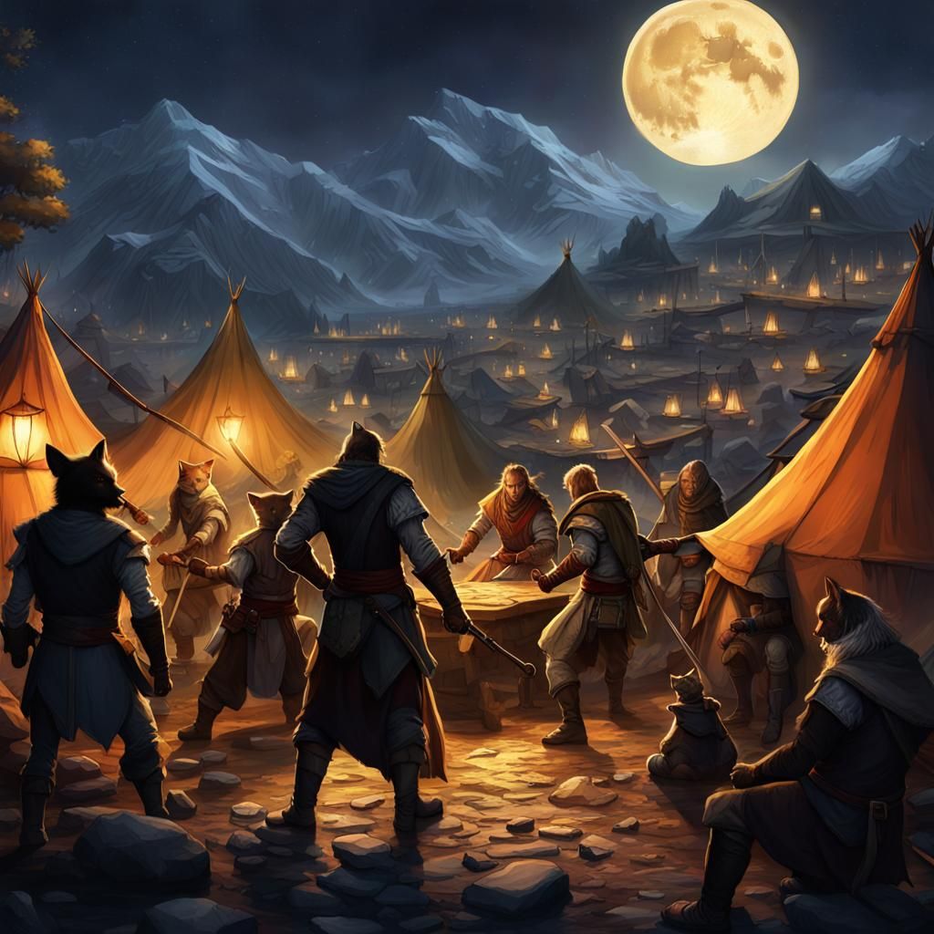 Fantasy Battle at Tent Camp: Adventurers vs Were-Coyotes
