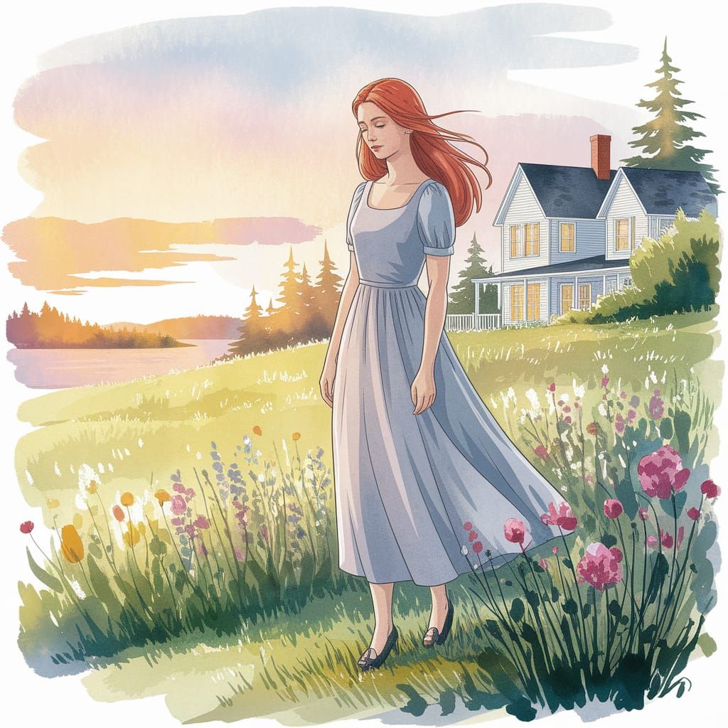Anne Shirley in Wildflower Field, Classic Illustration Style