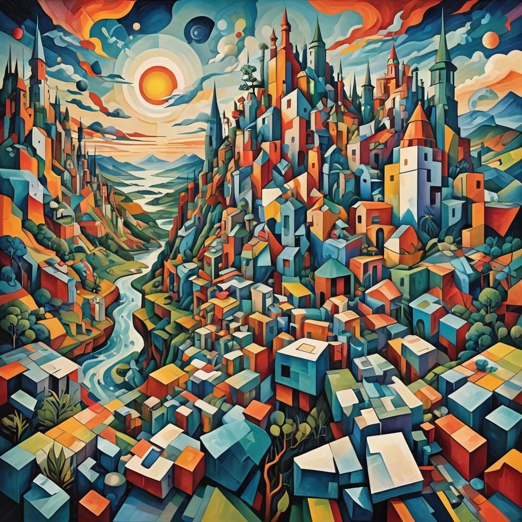 Surreal Cubist Dreamscape with Vibrant Colors