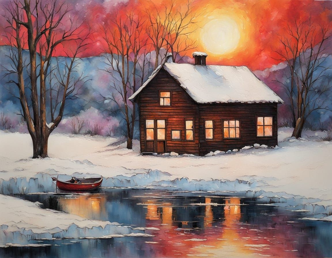 Vibrant Sunset Over Frozen Lake in Encaustic Painting Style