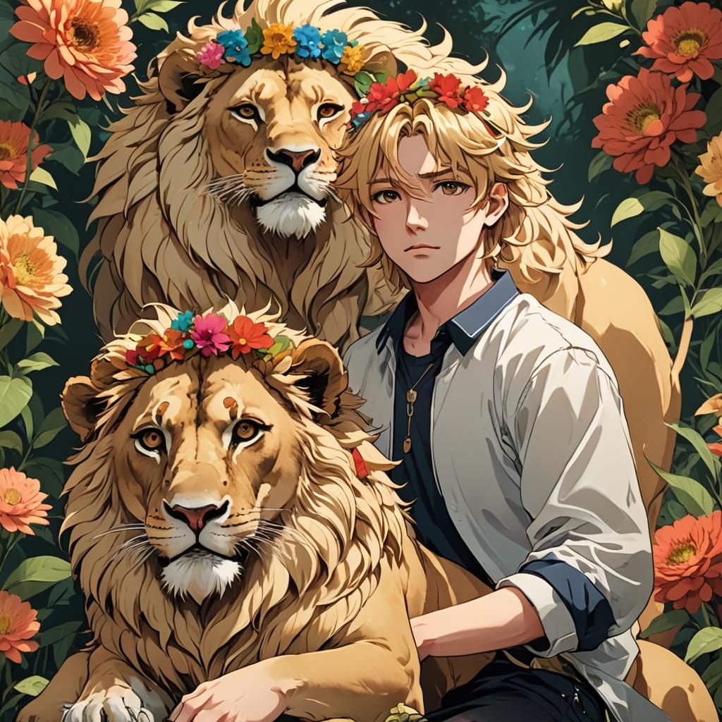 Anime Boy with Lion and Flower Crown