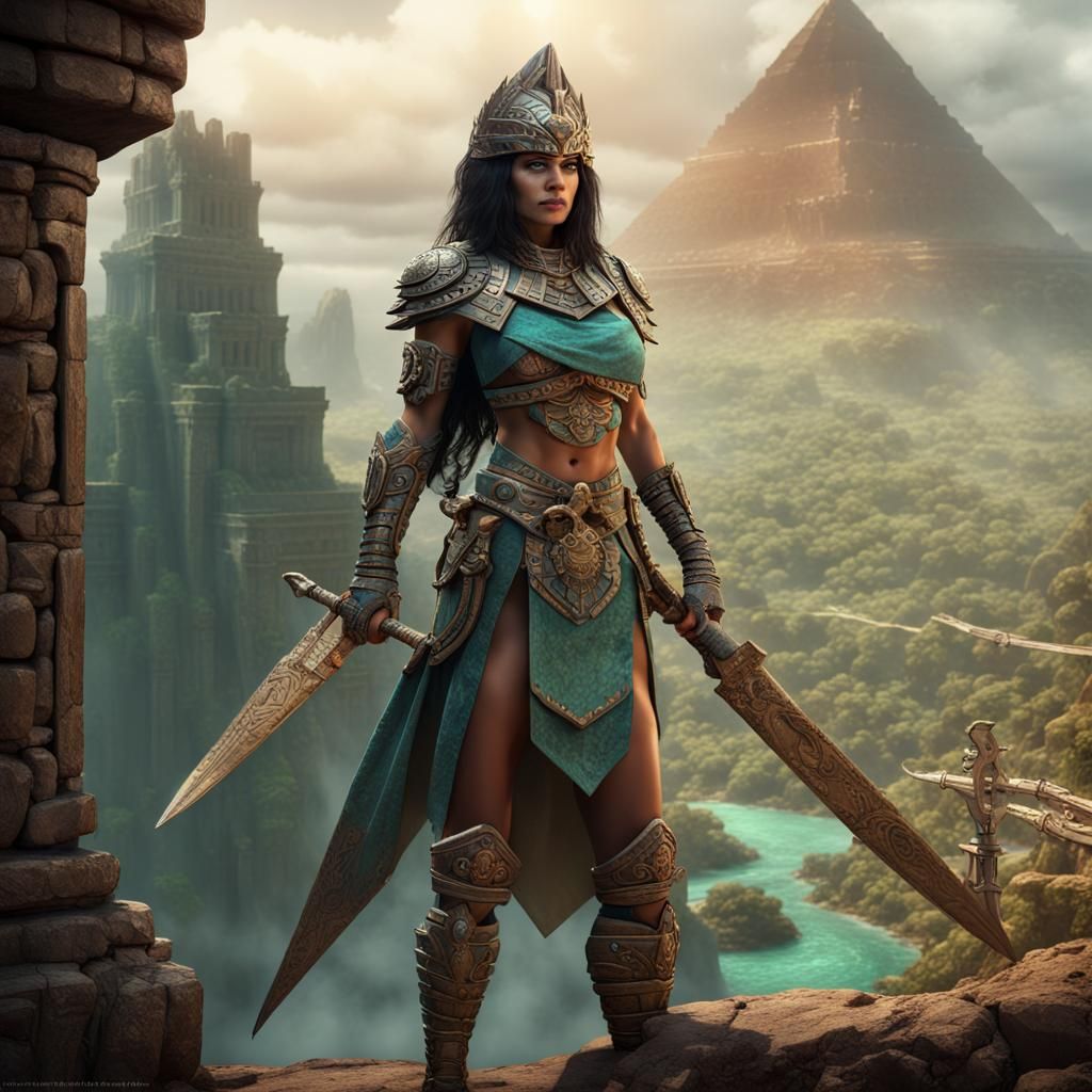 Aztec Warrior Queen on Pyramid, Detailed Matte Painting