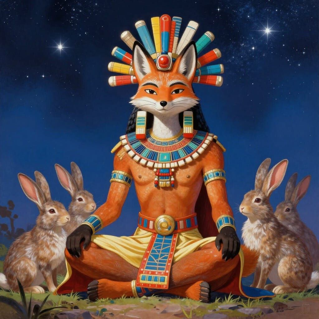 Aztec Fox Warrior Meditating Under Starry Night Sky