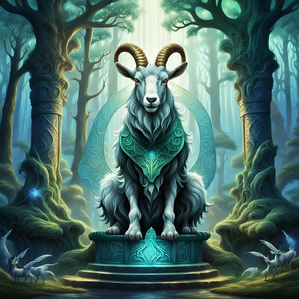 Goat Creature on Forest Throne in Fantasy Art