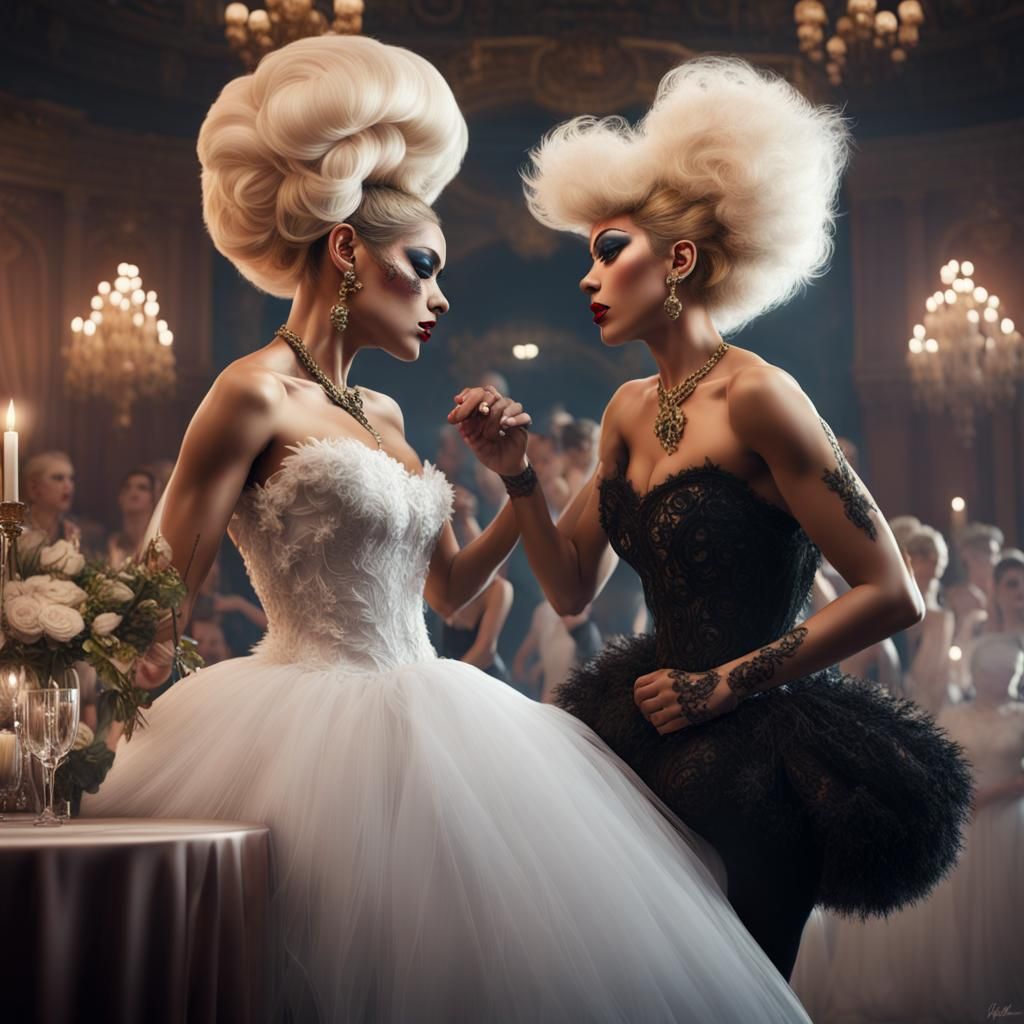 Campy Drag Queens Kissing at Wedding Reception