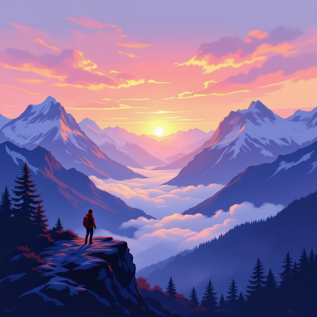 Majestic Mountain Sunrise with Lone Hiker, Oil Painting Styl...