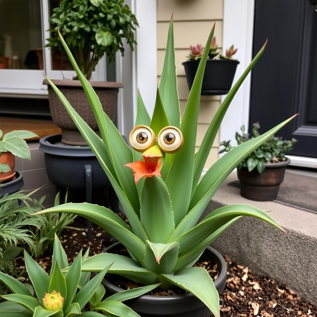 Whimsical Houseplant with Floral Mouth and Big Eyes