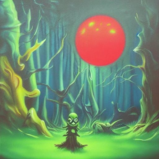 Alien in Misty Forest: Vibrant Oil Painting