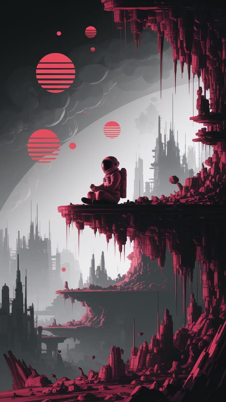 Astronaut Amidst Red Suns on Ruined Orbital Station