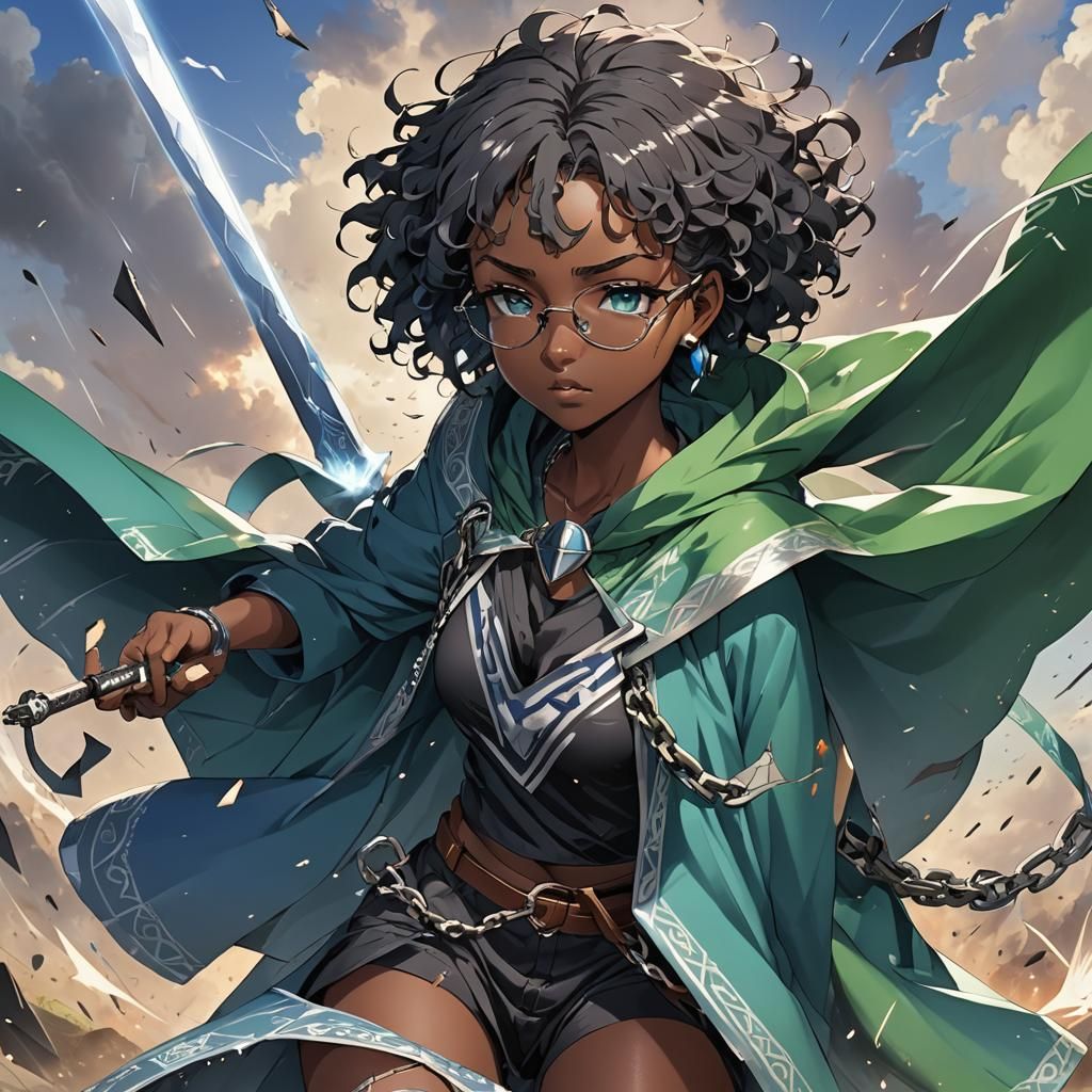 African Anime Warrior in the Heat of Battle, Inspired by Stu...