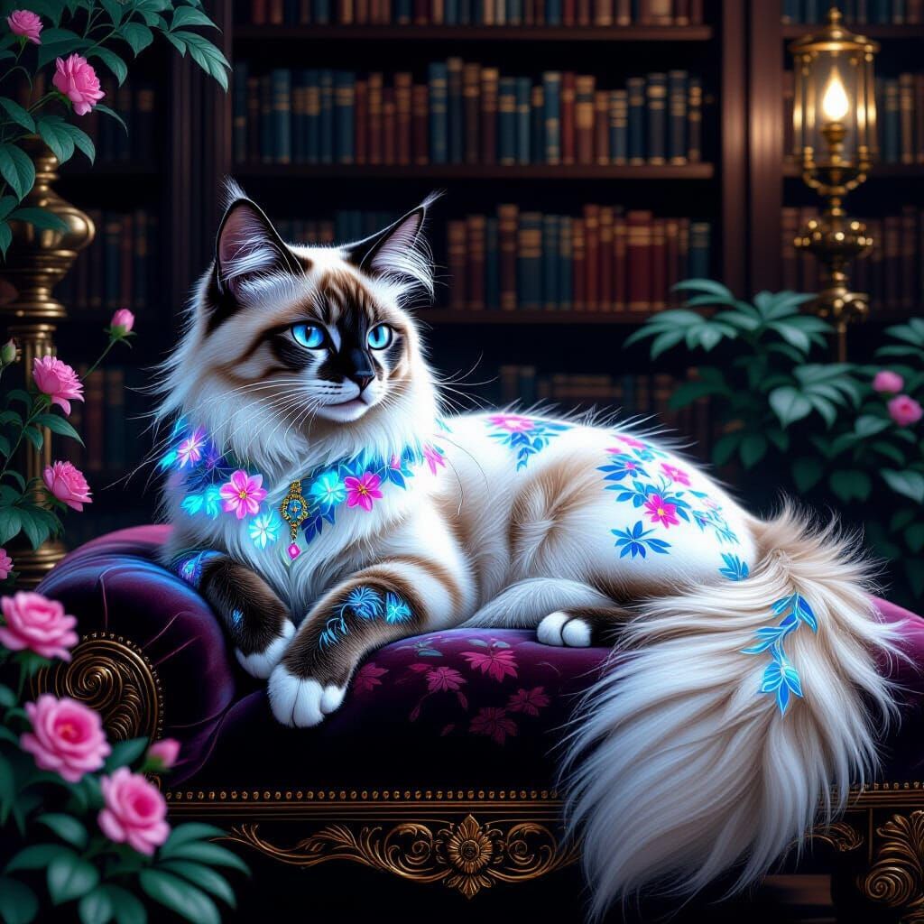 Regal Siamese Cat in Opulent Library