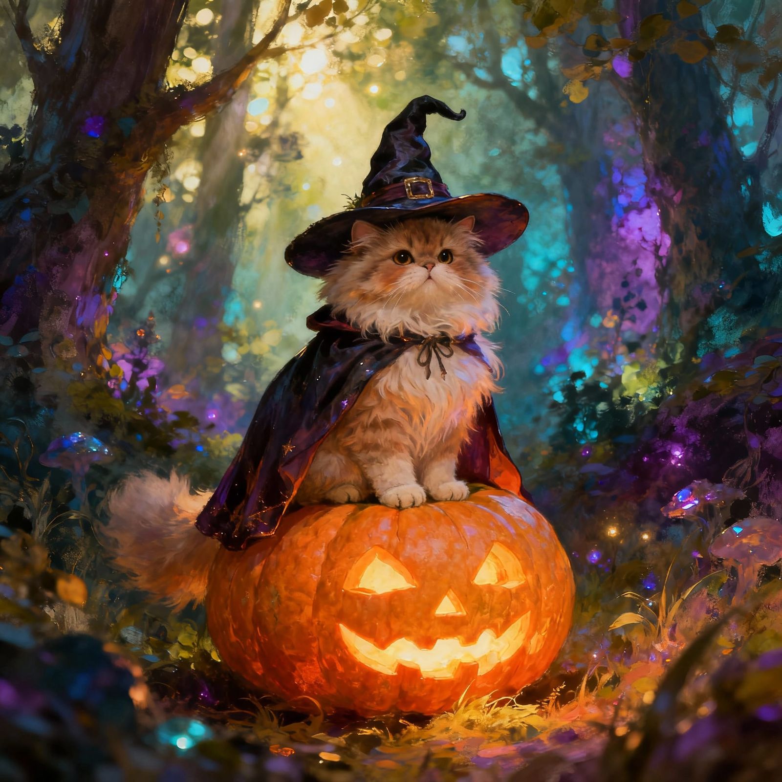 Fluffy Persian Cat Witch on Glowing Jack-o'-lantern