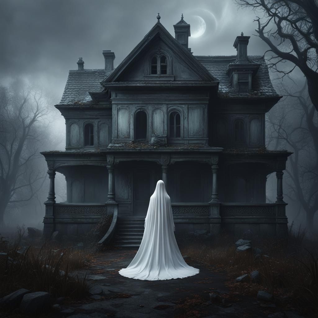 Eerie Abandoned House with Ghostly Figure in Matte Painting