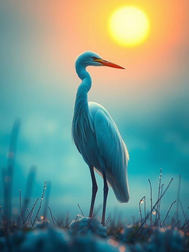 Majestic Snow Heron in Ethereal Plumes Amidst Dreamy Landsca...