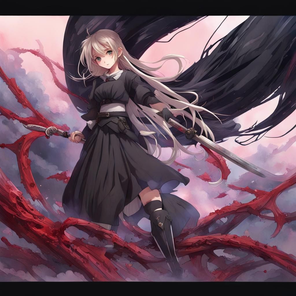 Blood-Colored Kitsune with Sword in Anime Style