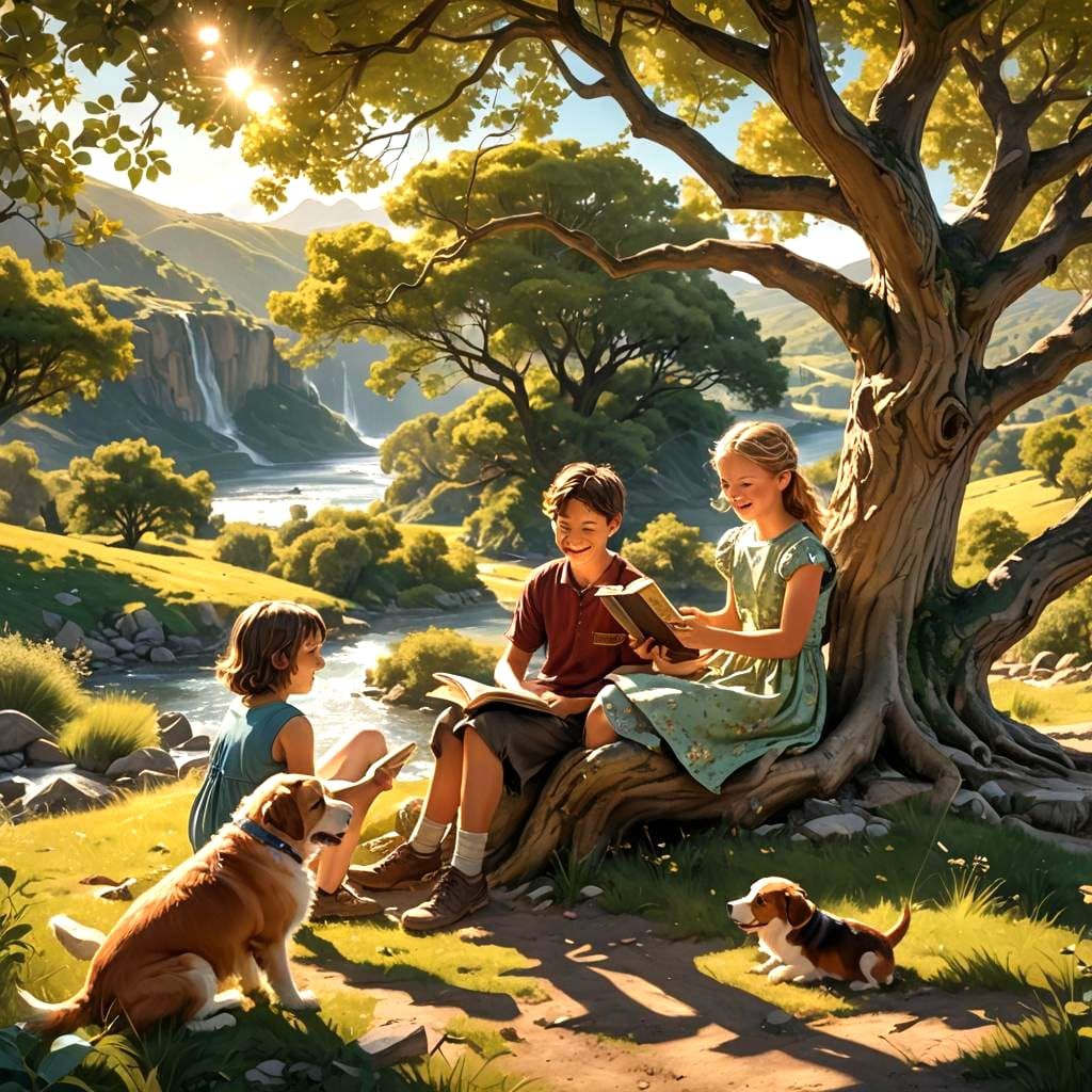 Boy Reading Under Tree on Sunny Hill
