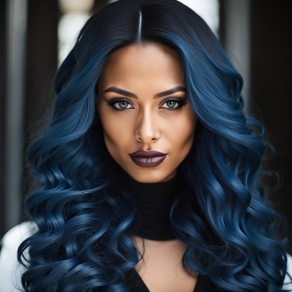 Confident Businesswoman with Wavy Blue Hair Portrait