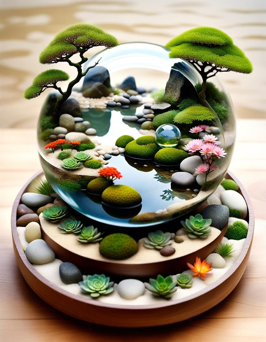 Resin Ball Japanese Garden Ecosystem in Double Exposure Coll...