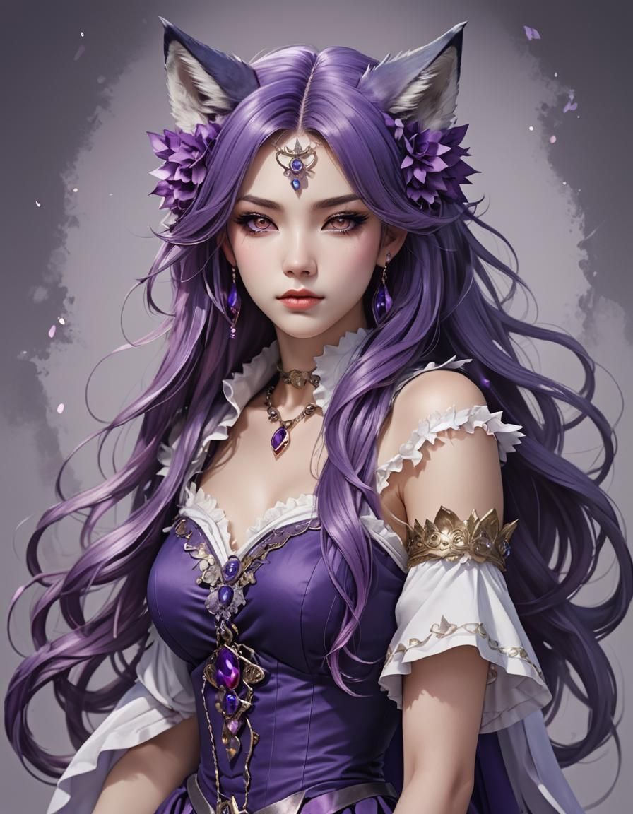 Anime Wolf-Woman with Purple Hair and Tail