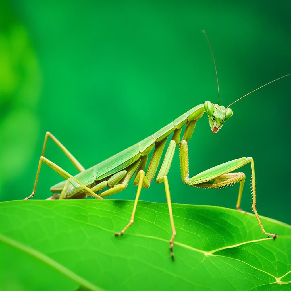 Detailed Praying Mantis on Green Leaf