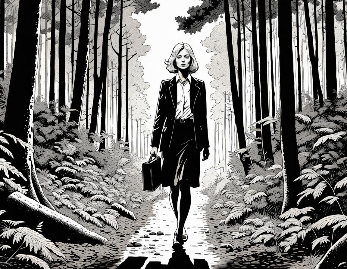 Elegant Blonde Reporter in Dark Forest, Comic Style