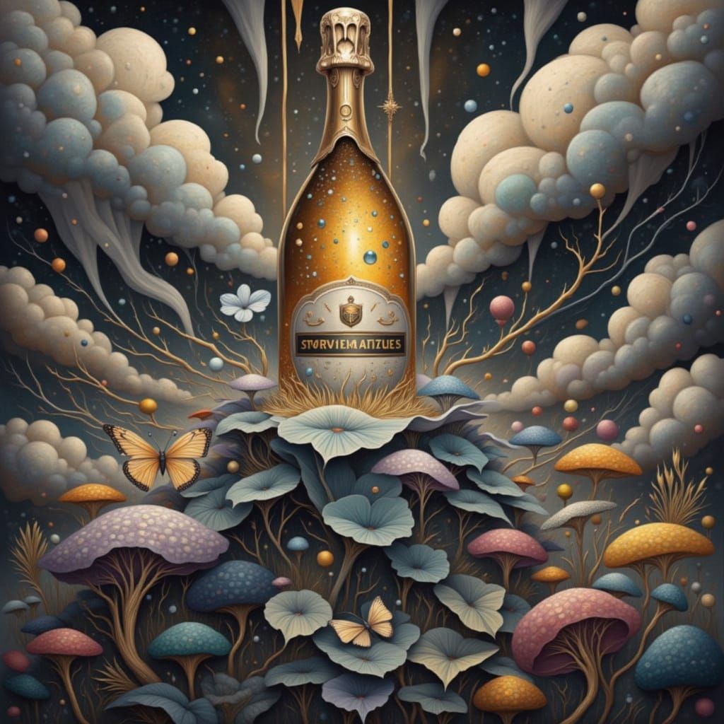 Champagne Bottle in Luxurious Setting, Art Nouveau Style