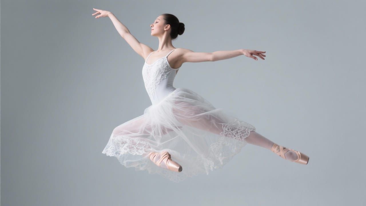 Ballerina Mid-Jump in Elegant White Leotard