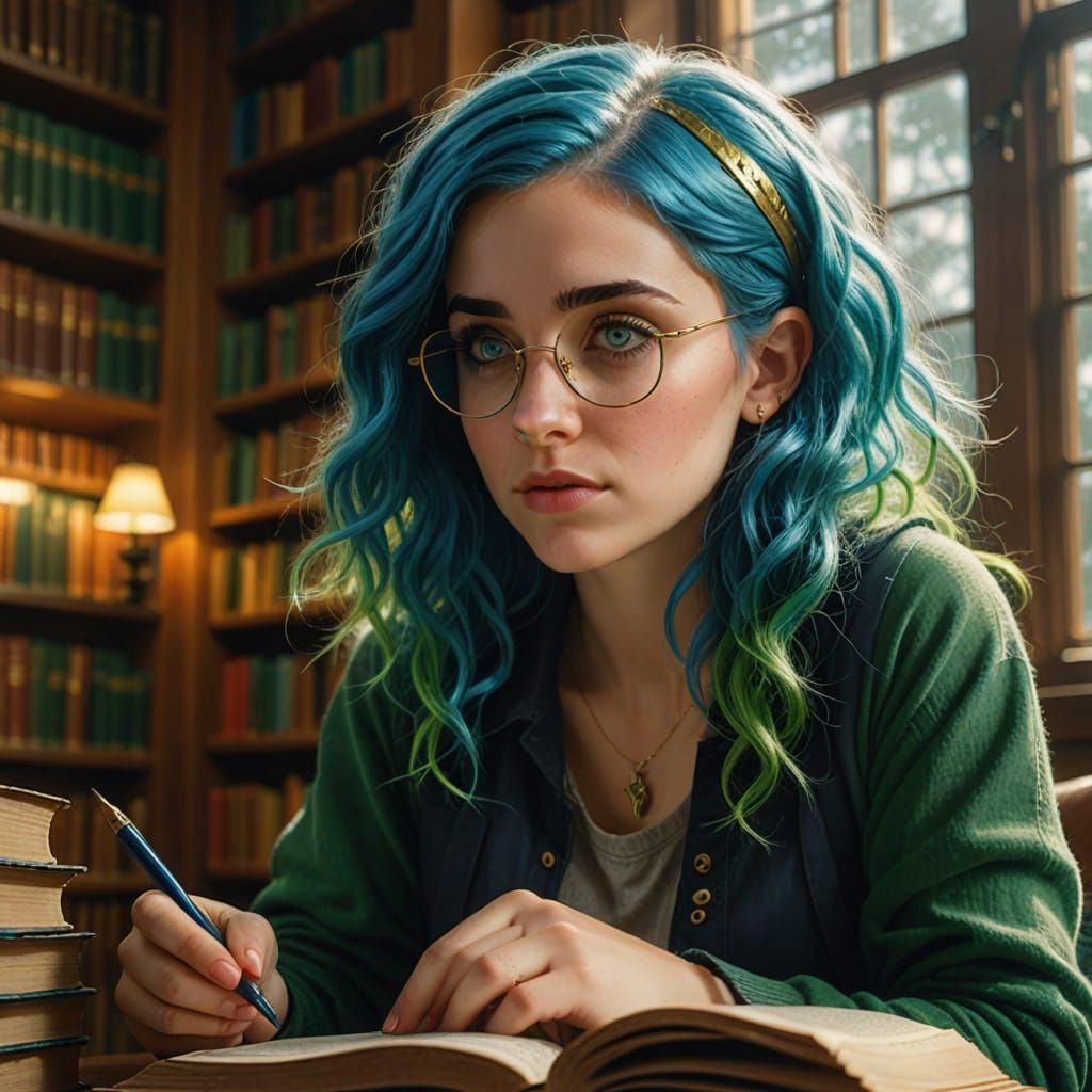Blue-Haired Student in Library, Digital Oil Painting