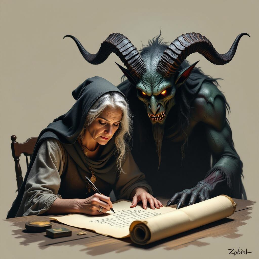 Weary Witch Writes Scroll With Demonic Watcher