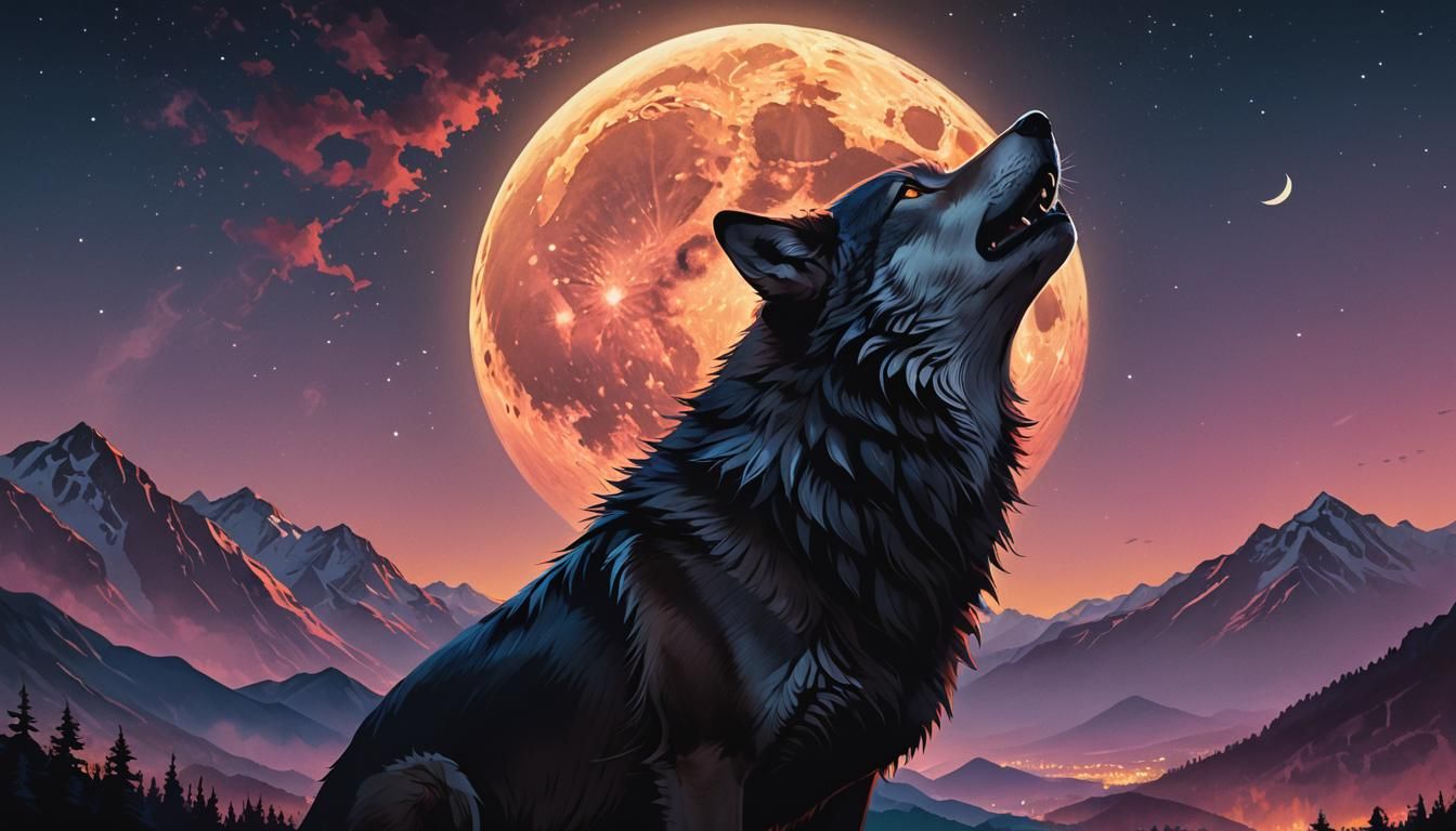 Wolf Howling at Moon Silhouette in Splash Art