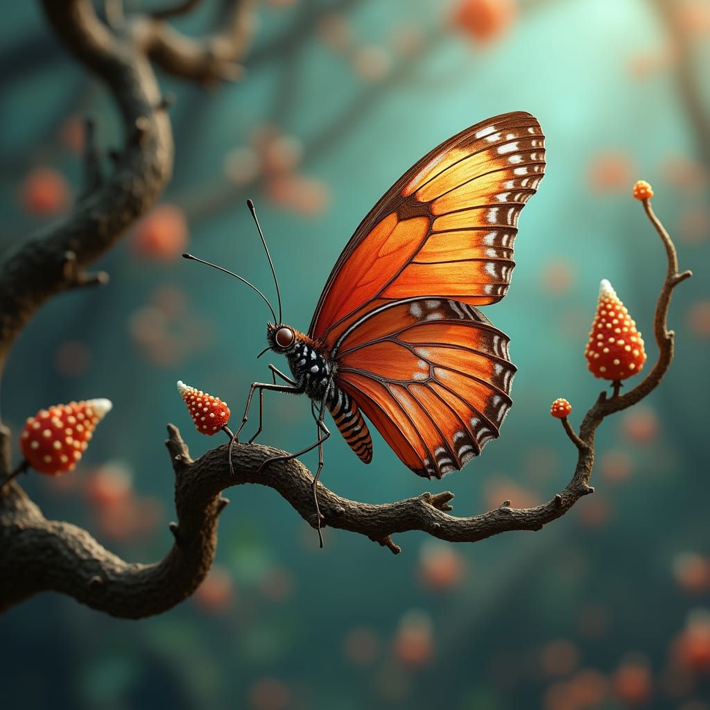 Butterfly on Branch with Feathers, Digital Art