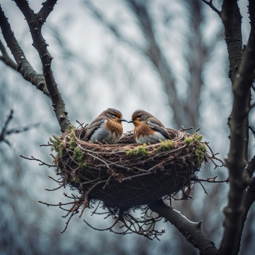 Cute Birds Snuggled in Nest: Winter Mood