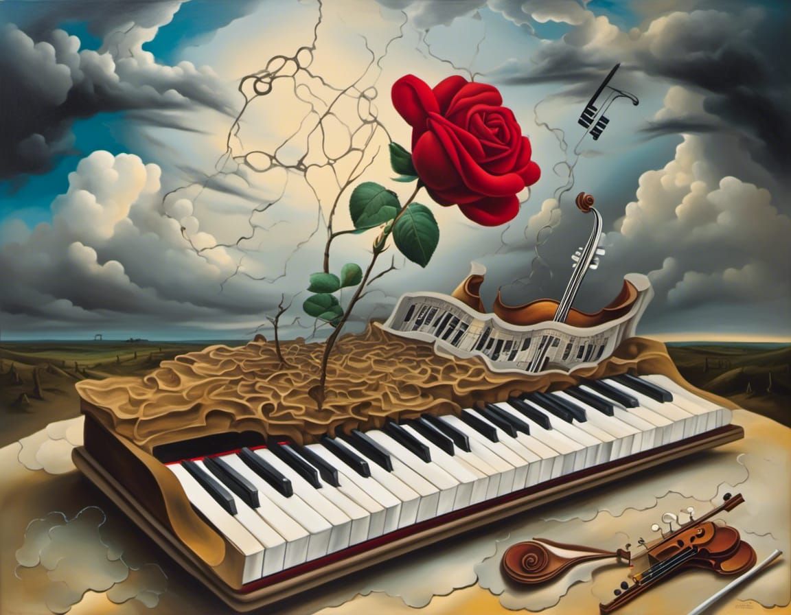 Surreal Cracked Land with Rose and Musical Instruments