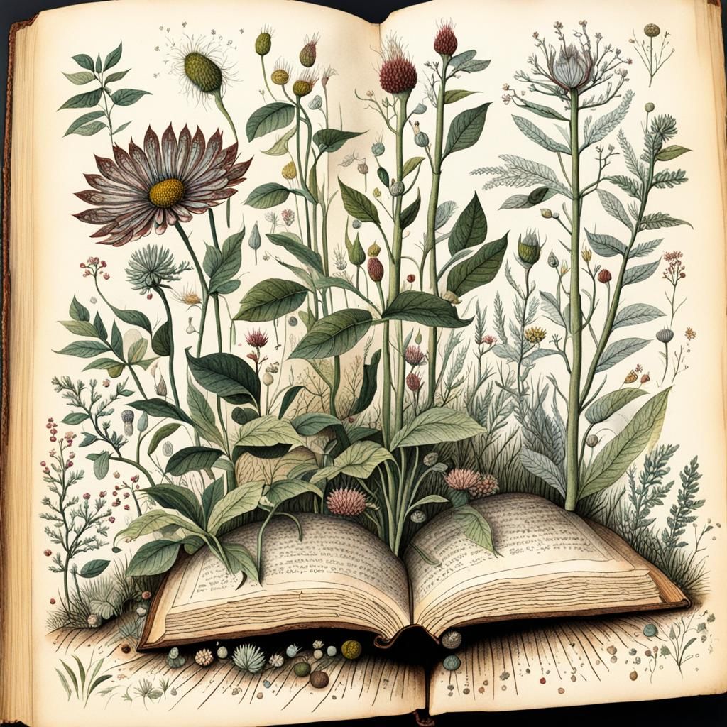 Botanical Folk Art Drawing in Old Book