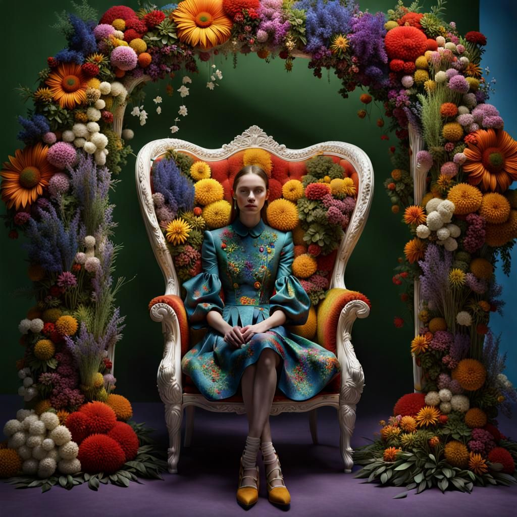 Model in Surreal Flower Chair with Rainbow, Vivid Colors