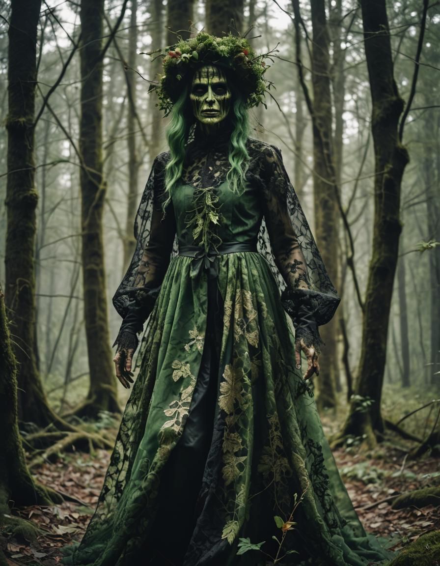 Eerie Green Hag Portrait in Dark Forest
