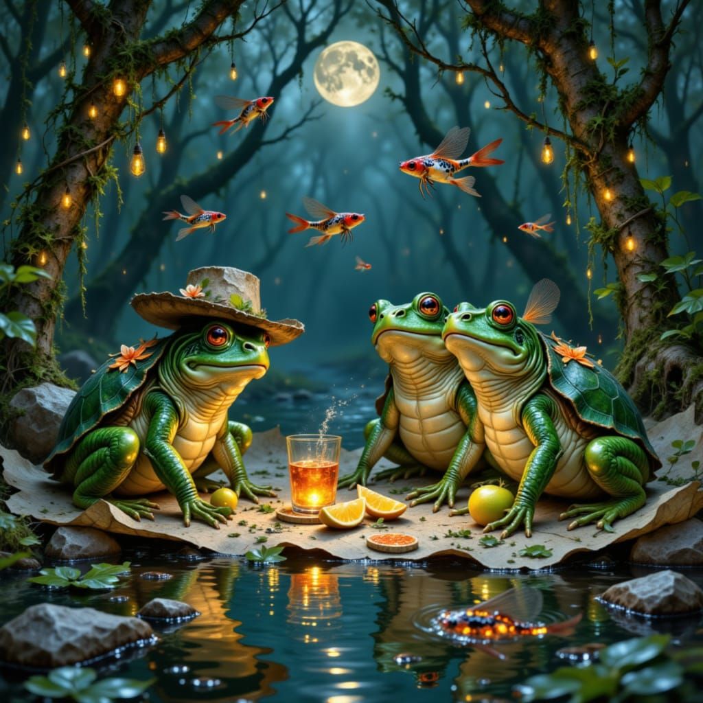 <lora:closeupFluxPro:1.0> <lora:FluxSeed:1.0> Pond-Side Moonlit Picnic
At the edge of a glassy pond, frogs in lily-pad h...