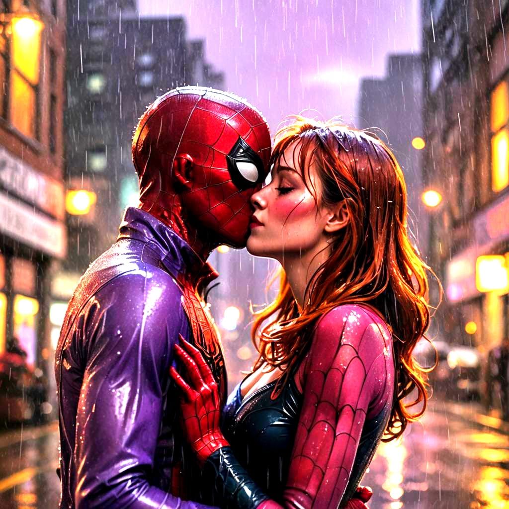 Spider-Man and Mary Jane Kiss in the Rain