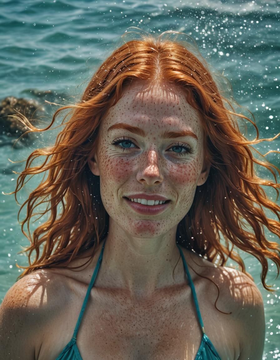 Smiling Woman in Turquoise Bikini by the Sea