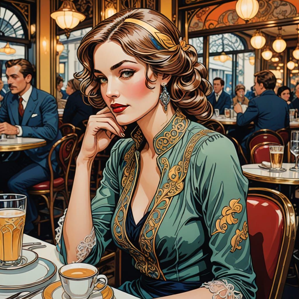 Pin-Up Woman at Parisian Café in Art Nouveau Style