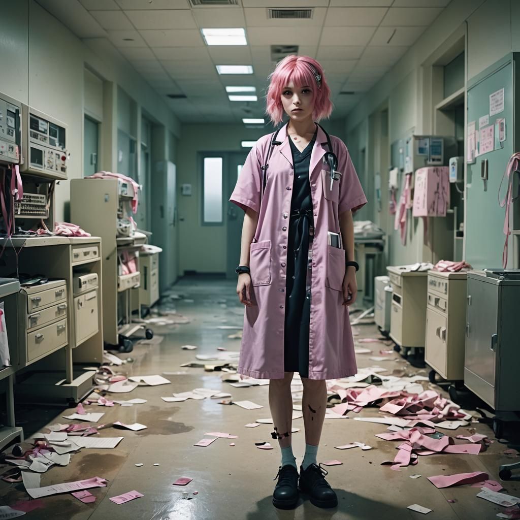 Anime Girl in Zombie Apocalypse Hospital Corridor