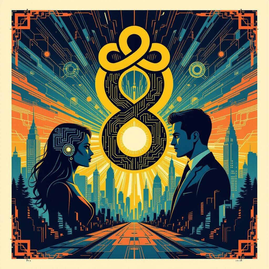 Binary Code Cityscape with Infinity Loop and Avatars