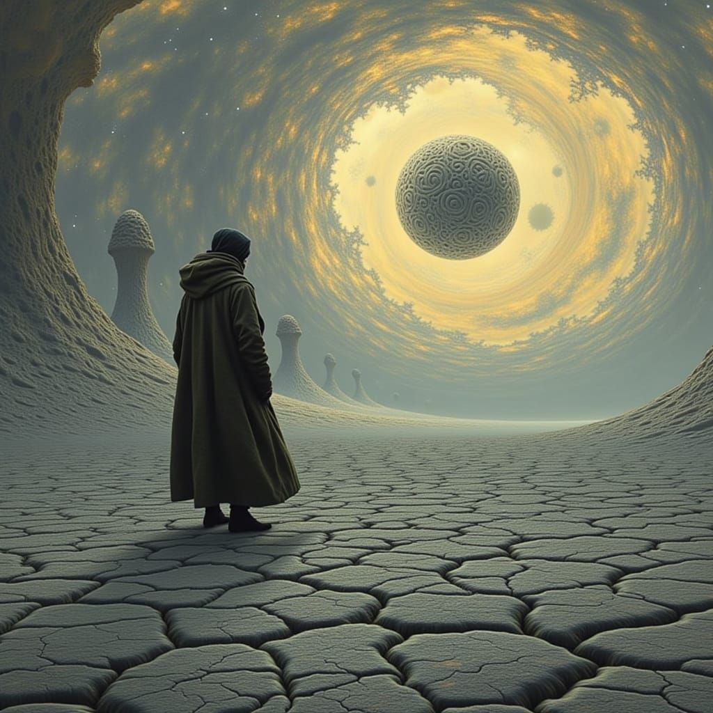 Alien Planet Traveler Under Cosmic Geometric Sky