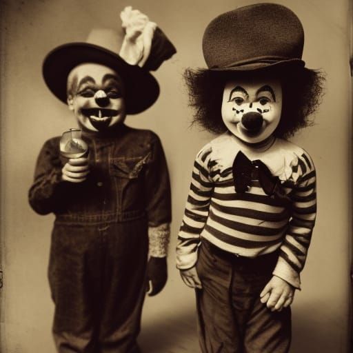 Vintage Noir Photo of Smiling Clown Midgets