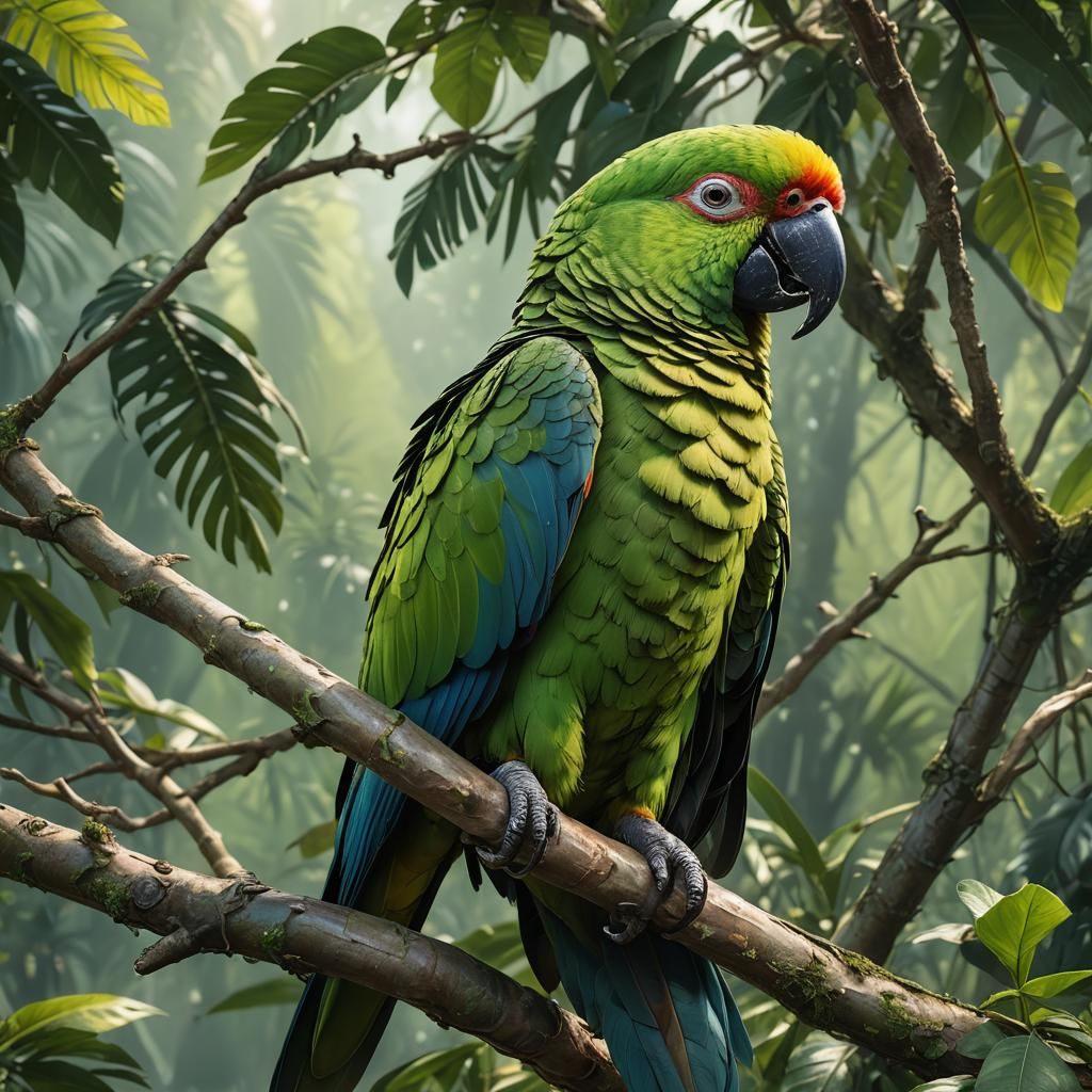 Detailed Portrait of a Green Amazon Parrot