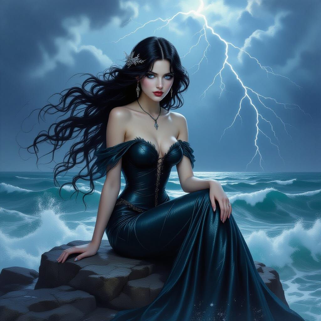 Gothic Mermaid in Stormy Sea, Pre-Raphaelite Style