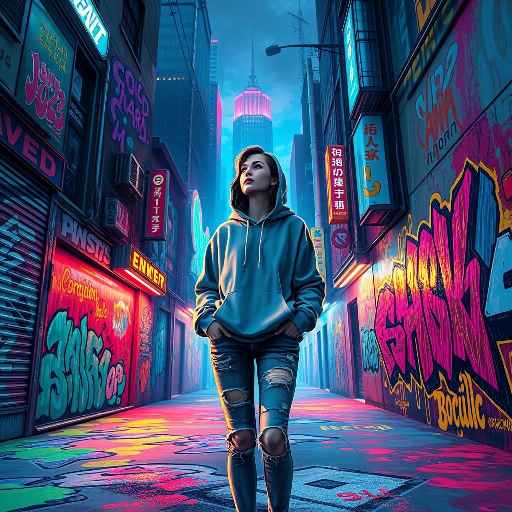 Dystopian Cityscape: Vibrant Woman in Polychromatic Alley