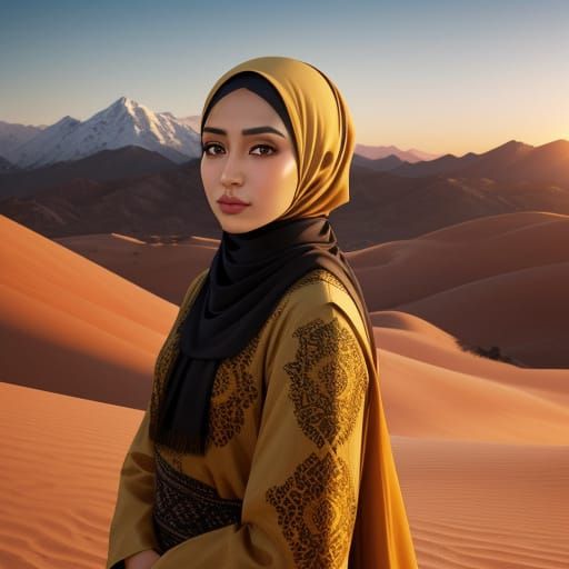 Hijabi Woman in Valley at Sunset as Oil Painting
